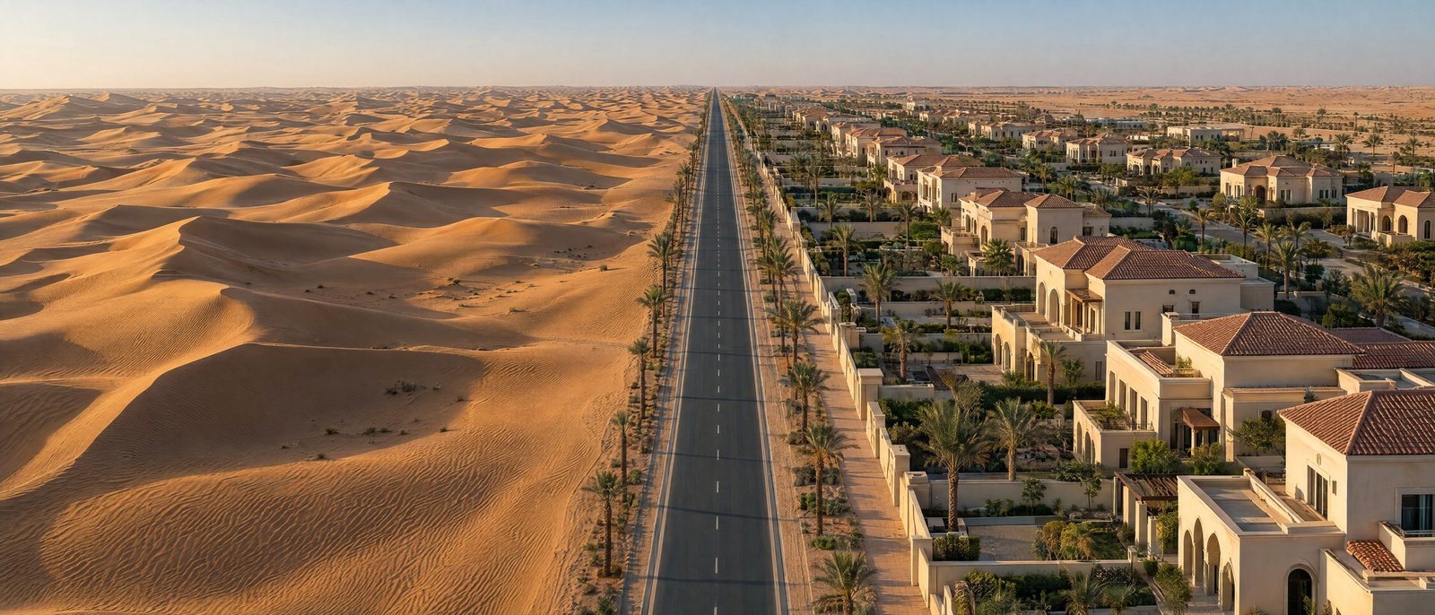 Desert dunes at first light on one side of a straight road, a new neighbourhood of villas and palms on the other