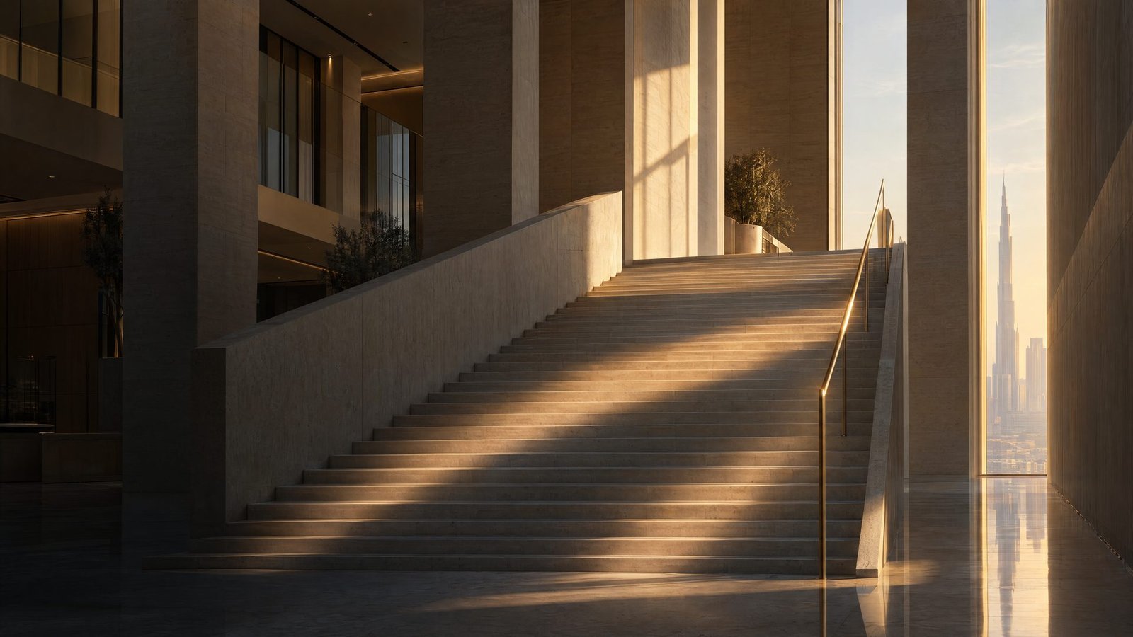 A limestone staircase rising through a double-height atrium, bands of golden light across the steps and a brass handrail