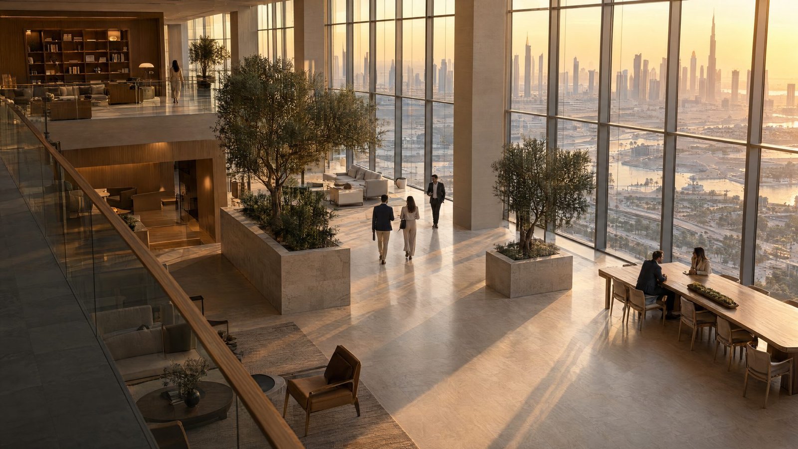 A sunlit office atrium seen from a mezzanine, colleagues walking and talking across pale stone floors