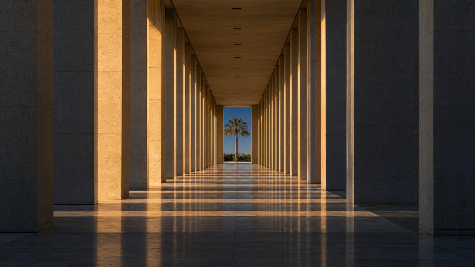 A long limestone colonnade at golden hour, bars of warm light repeating toward a single palm framed at the far end