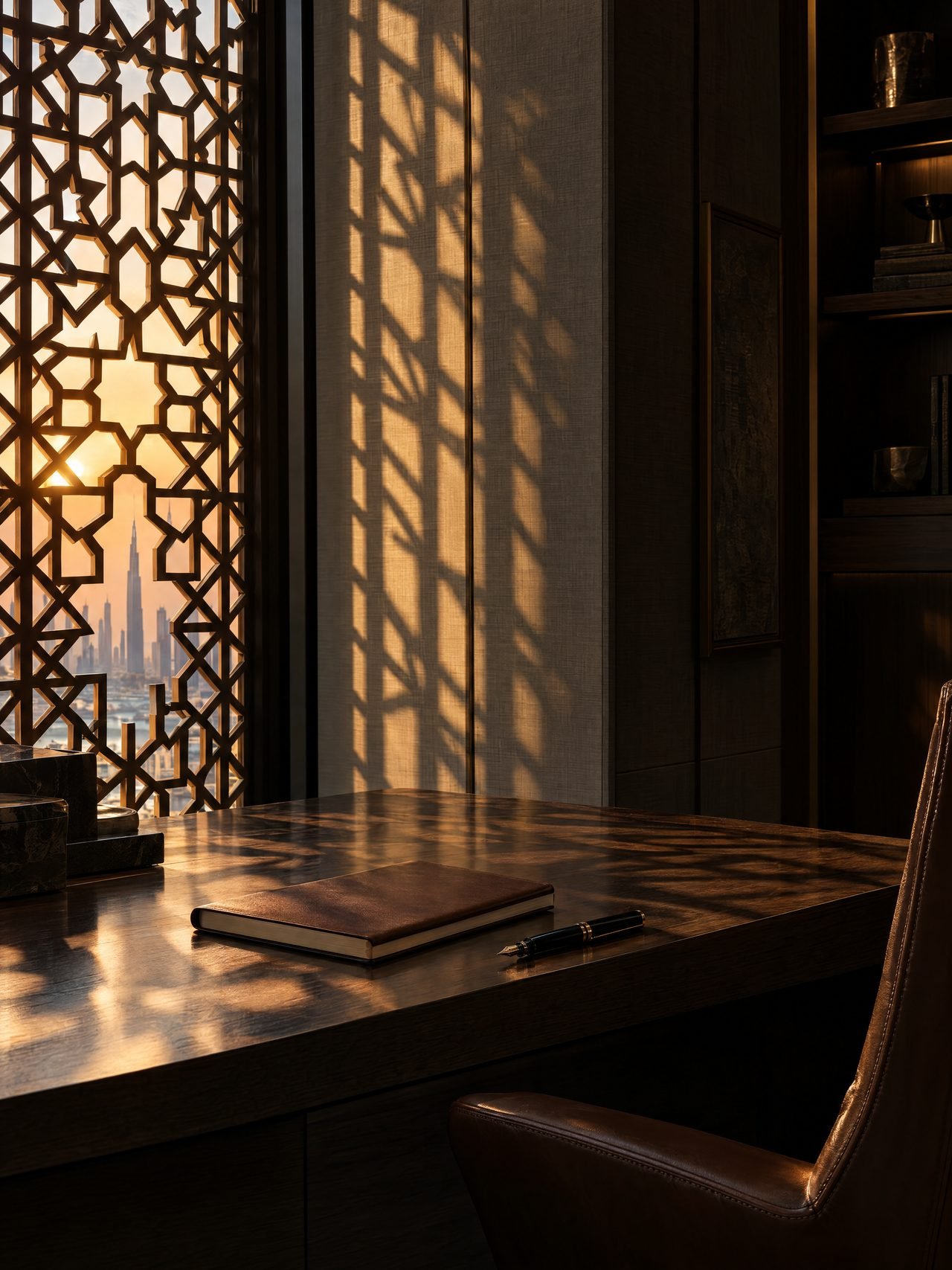 A walnut desk with a leather notebook and fountain pen, golden light falling through a mashrabiya screen, the city skyline beyond