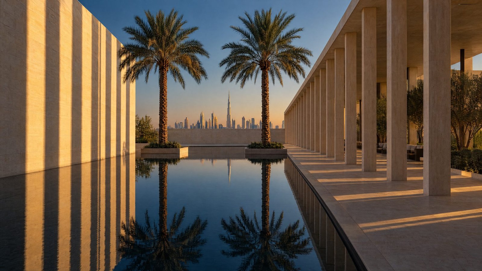 A limestone courtyard at golden hour, two date palms mirrored in a long reflecting pool beside a colonnade, the Burj Khalifa on the horizon