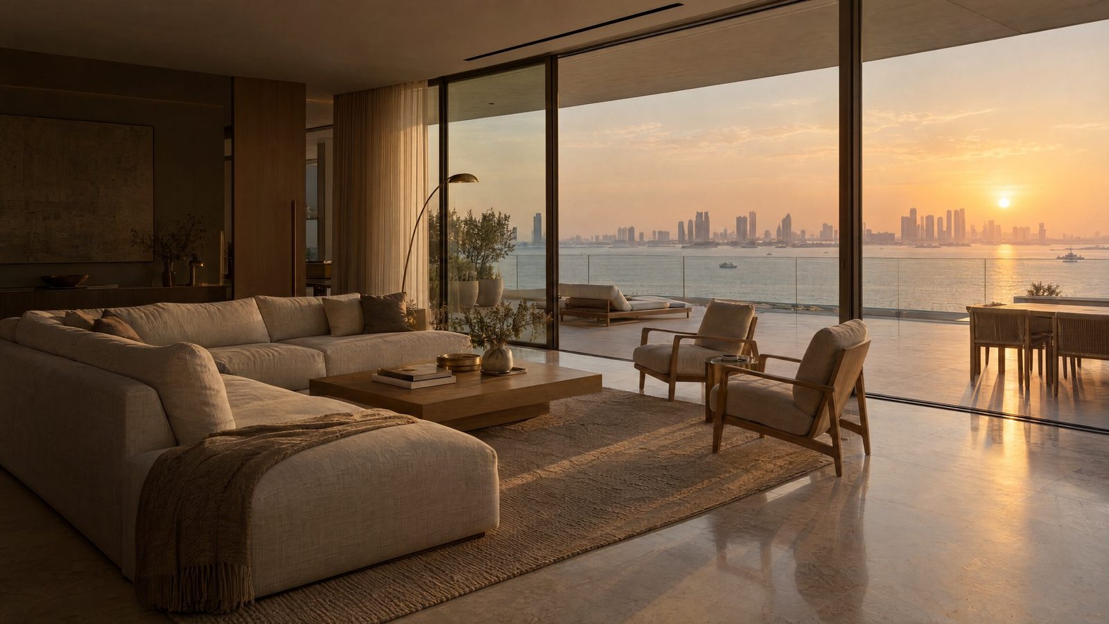 A living room at golden hour, linen sofas and oak floors, the city beyond the tall windows