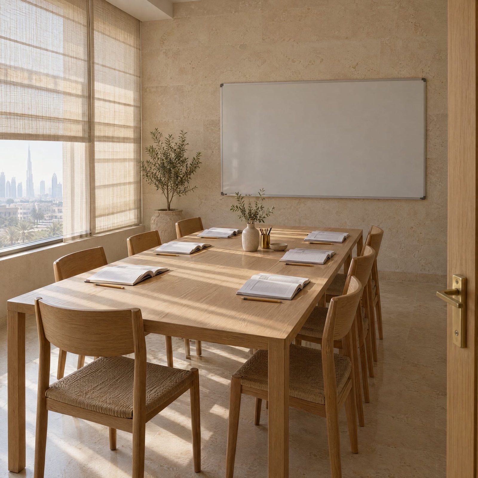 A small training room in morning light, oak chairs around a table set with open workbooks, a plain whiteboard on a limestone wall