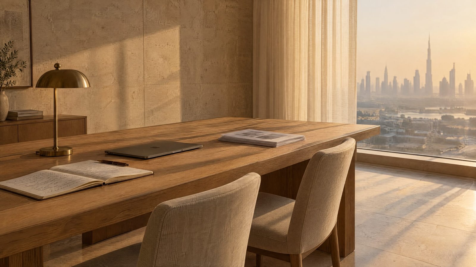 A long oak working table in late sun, open notebooks and printed process sheets beside a closed laptop, the city soft beyond the window