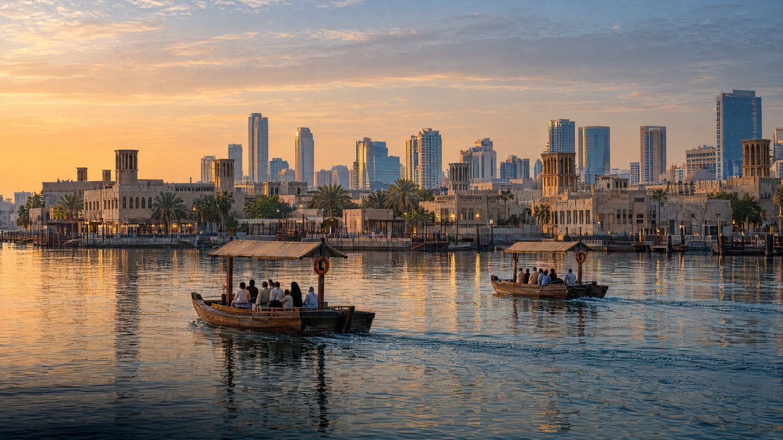Traditional abra boats crossing Dubai Creek at first light, heritage wind towers and modern towers beyond