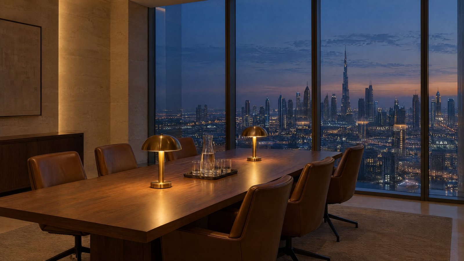 A quiet meeting room at blue hour, brass lamps lit on a long walnut table, the city's lights beyond the glass