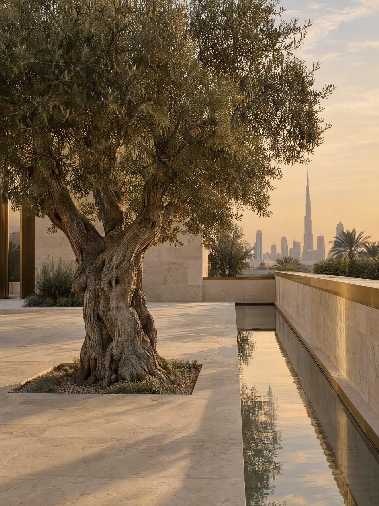 An old olive tree in a limestone courtyard in late sun, its shadow long across the paving beside a still water channel