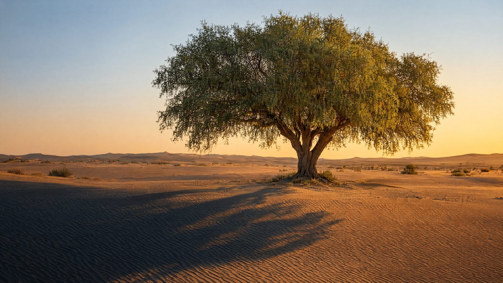 A lone ghaf tree in open desert at first light, its long shadow stretching across rippled sand