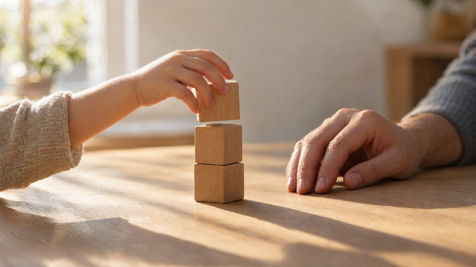 A child's hand placing a wooden block on a small stack, an adult's hand resting nearby in warm morning light