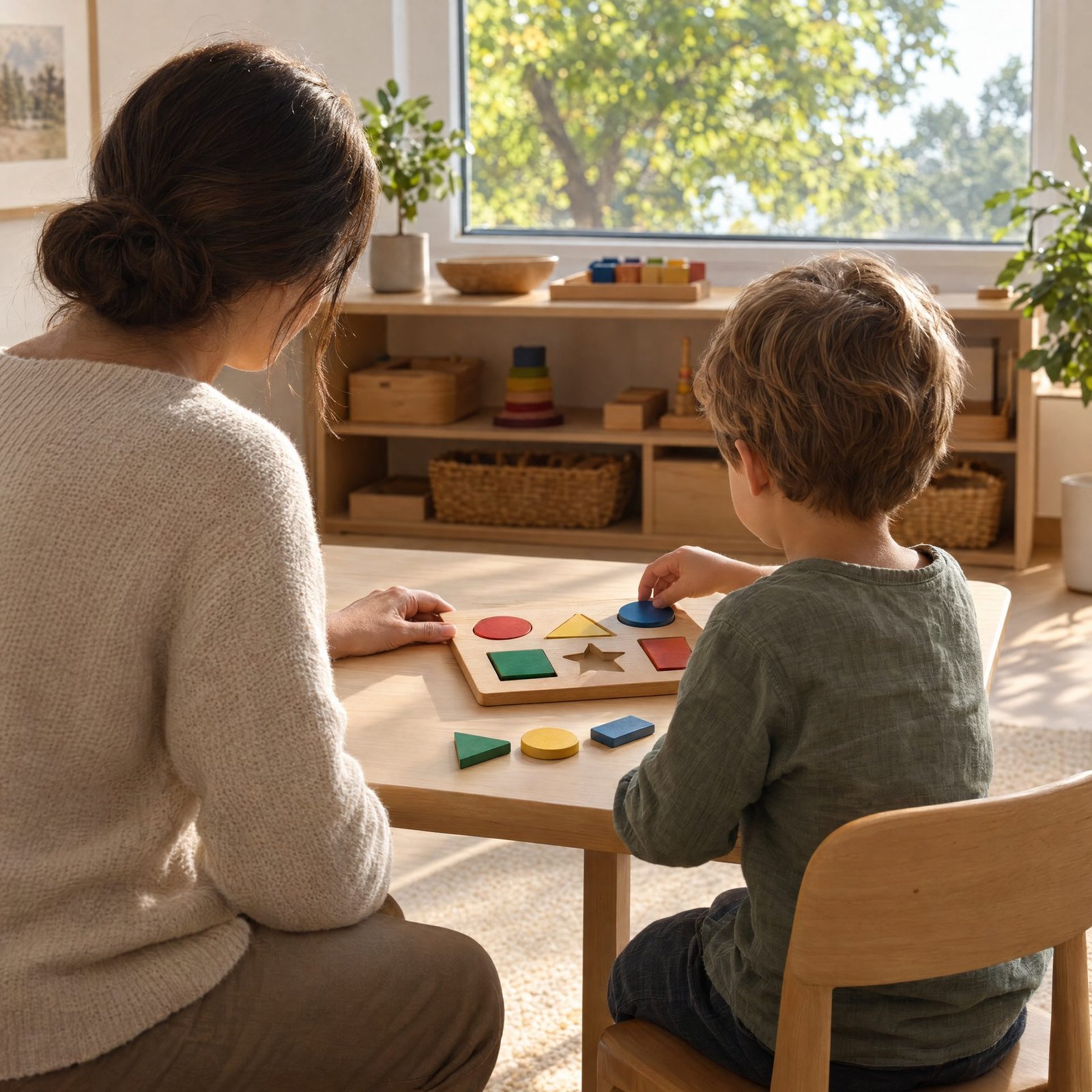 A specialist and a young child working on a wooden shape puzzle at a low table in a sunlit room